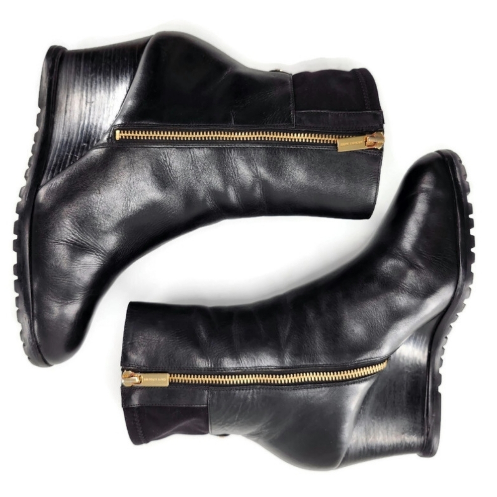 Michael Kors Aileen Black Leather Dual Gold Zip Wedge Heel Lug-Sole Ankle Boots - Picture 9 of 12